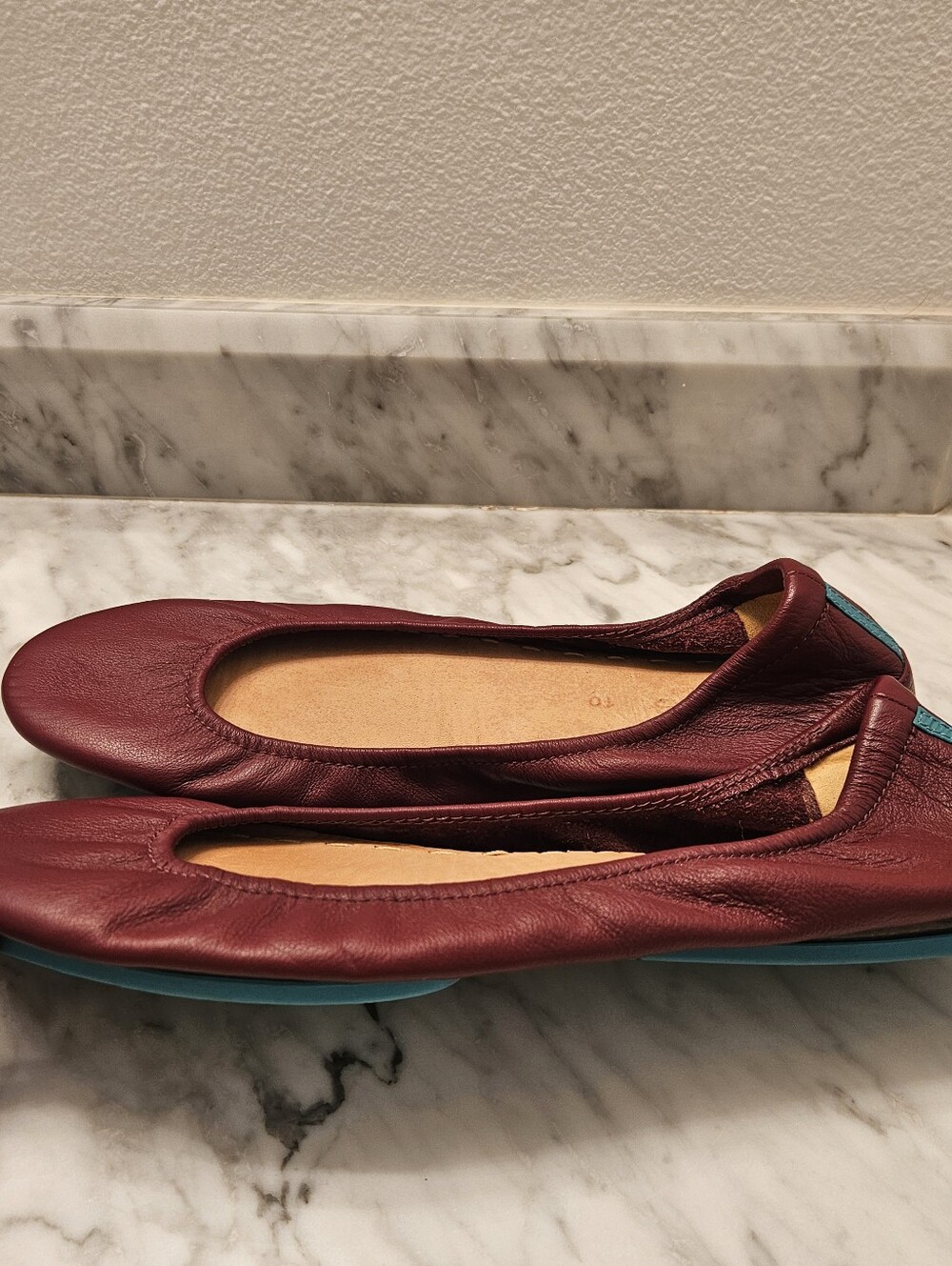 Tieks Burgundy Leather Ballet Flats with Teal Trim - Picture 6 of 9